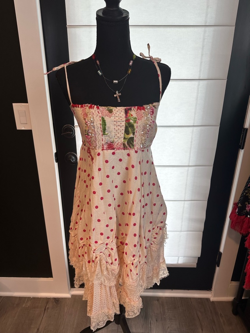 Cream and Pink Polka Dot Boho Sundress